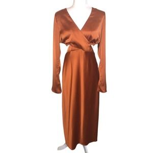 NWT WAYF Rust Cutout Midi Evening Dress Long Sleeve‎ V Neck Bronze Copper Small